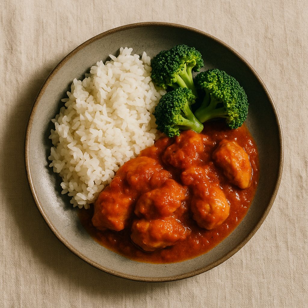 Pollo en salsa de tomate con arroz y brócoli