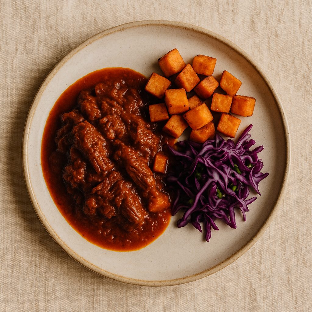 Res guisada en salsa con camote y ensalada de col