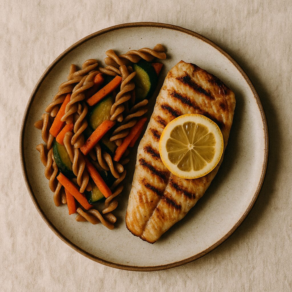 Pescado a la plancha con pasta integral y verduras