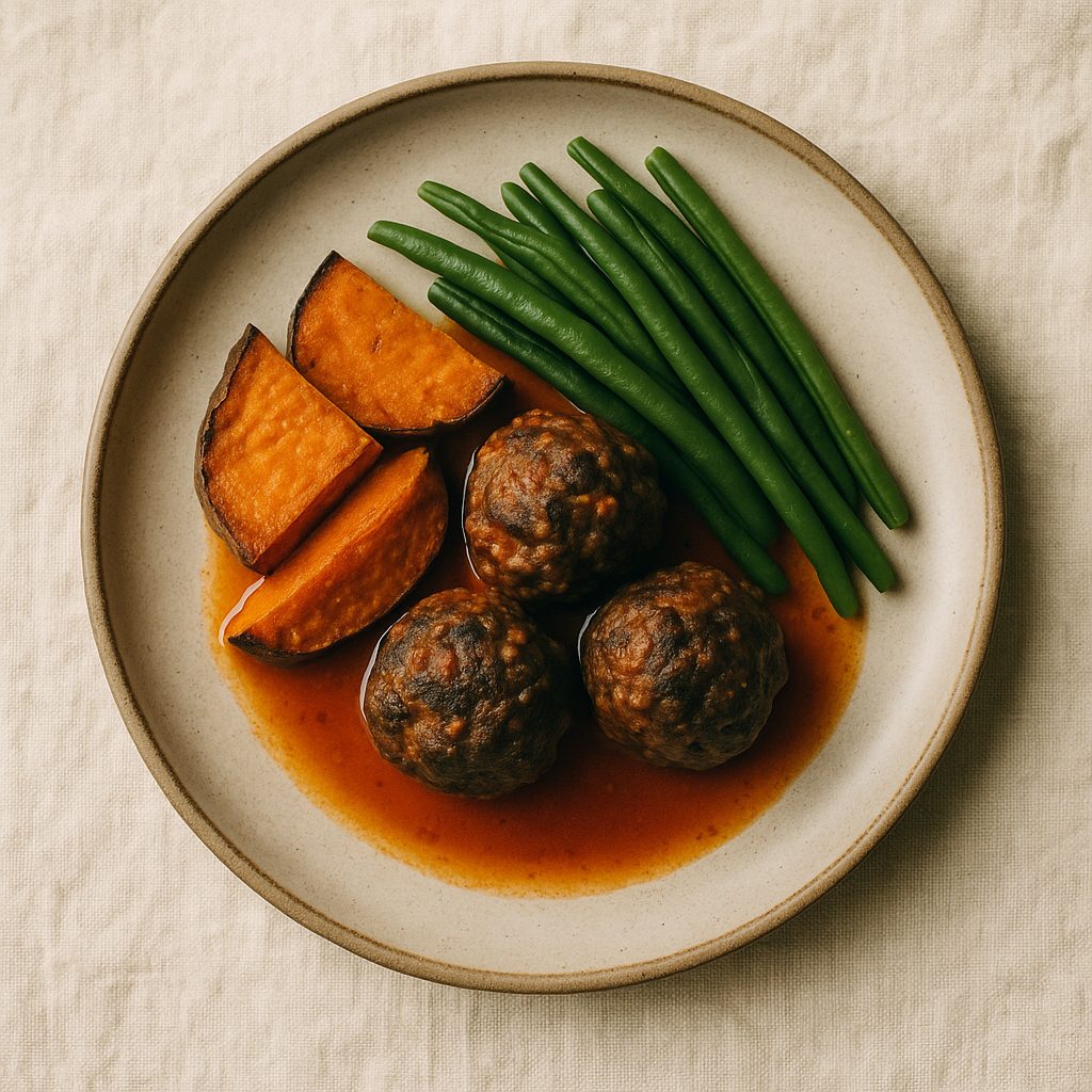 Albóndigas de res en caldillo con camote y ejotes